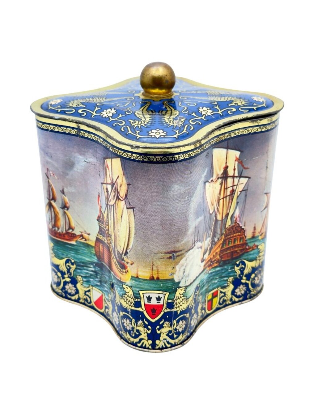 Vtg Sailing Ship Seahorse Tin Coffee Tea Nautical Scalloped Edge Historic 5.5"
